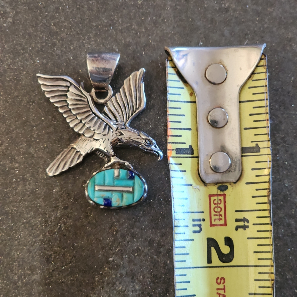 Sterling Silver Eagle Bird Pendant with Turquoise Inlay Men Women Jewelry Unisex - Picture 4 of 5